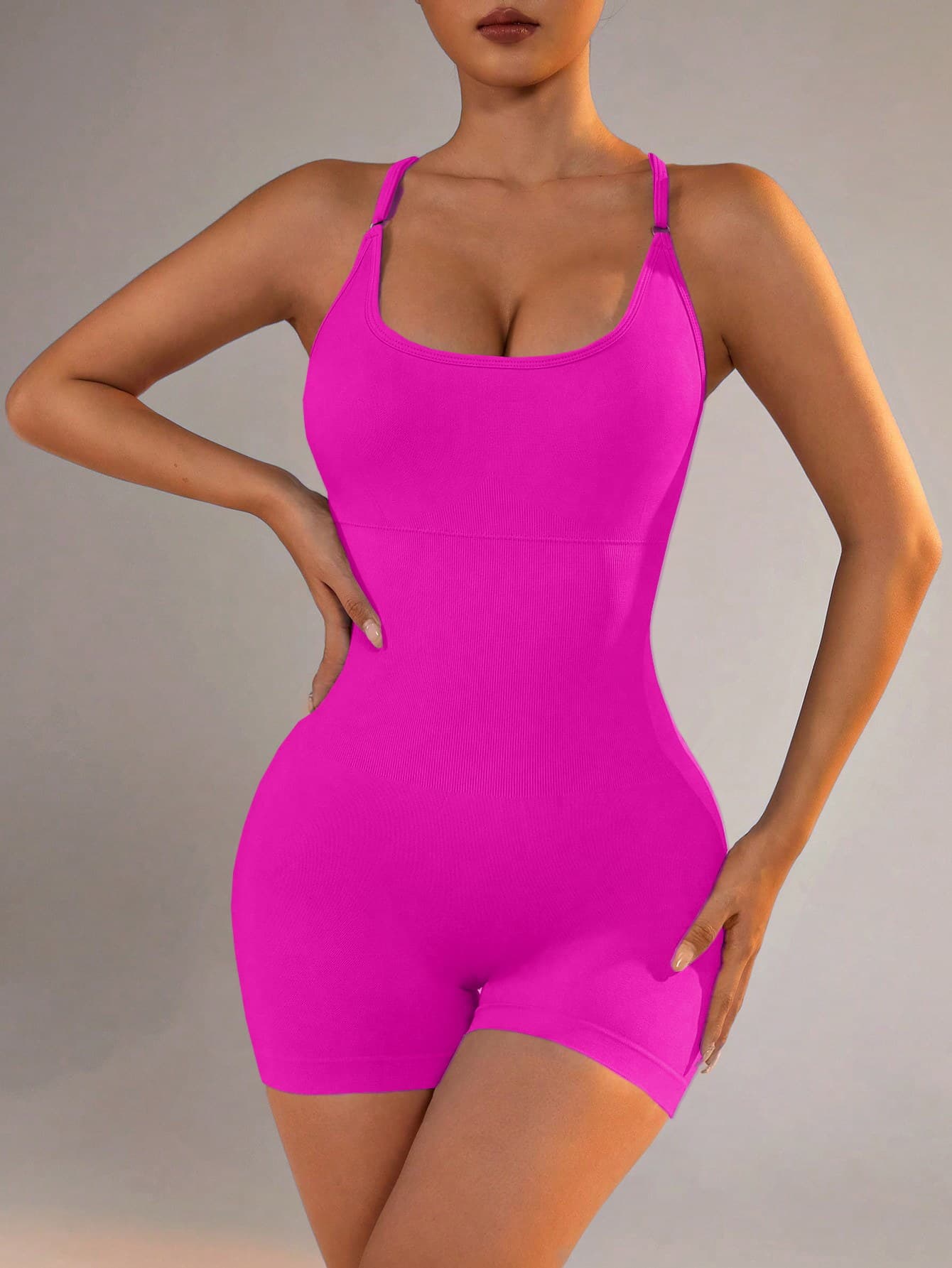 Hot pink women's seamless cross-back active romper front view